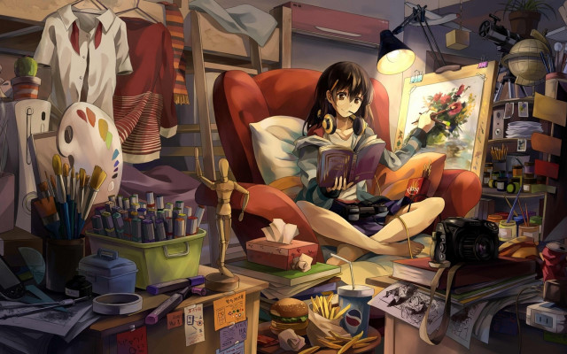 Woman reading book messy room free wallpaper for desktop - medium preview image