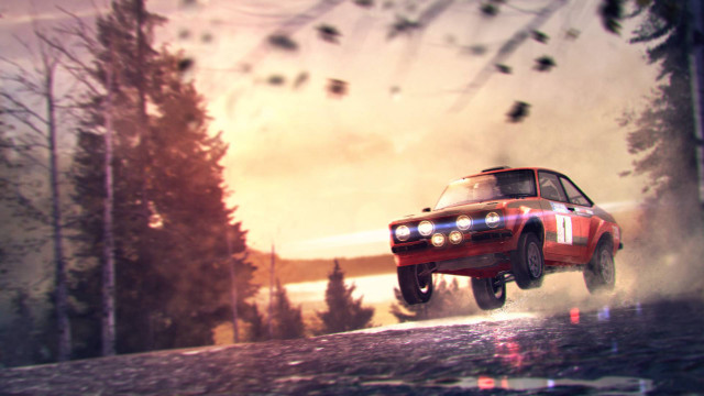 Flying car forest road sunset free wallpaper for desktop - medium preview image