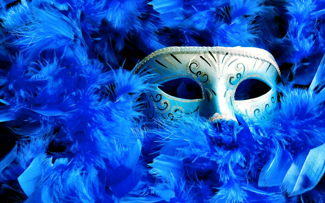 Mask feathers blue background black free wallpaper for desktop - medium preview image