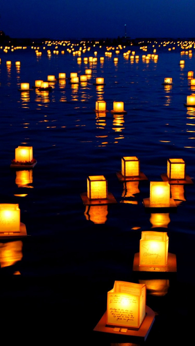 Floating lanterns night water clouds free wallpaper for mobile - medium preview image