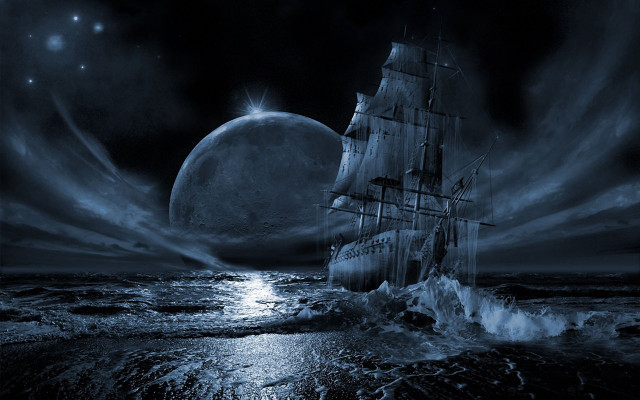 Night ocean ship moon starry free wallpaper for desktop - medium preview image