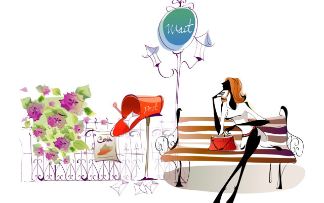 Woman bench mailbox balloon attached free wallpaper for desktop - medium preview image