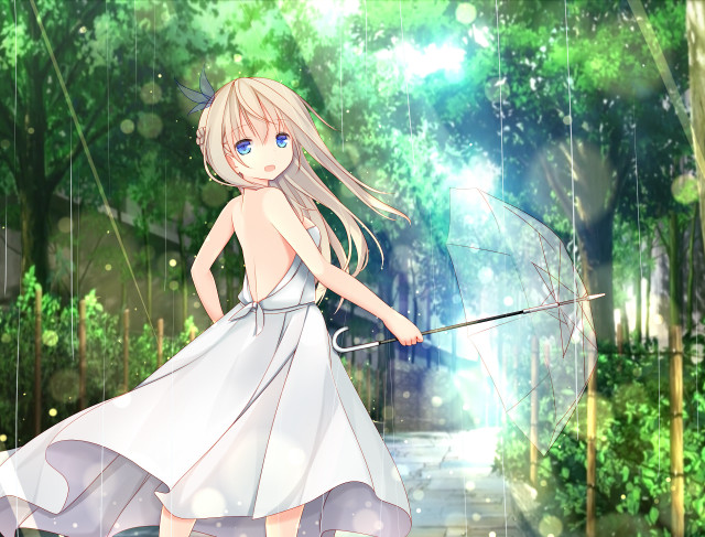 Girl white dress umbrella rain free wallpaper for desktop - medium preview image