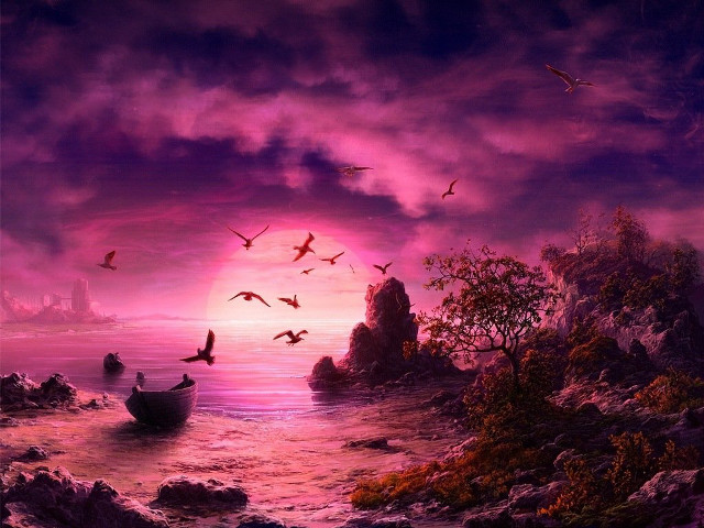 Boat water birds castle purple free wallpaper for desktop - medium preview image