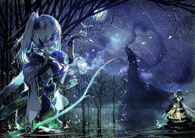 Woman blue sword forest mountain free wallpaper for desktop - medium preview image