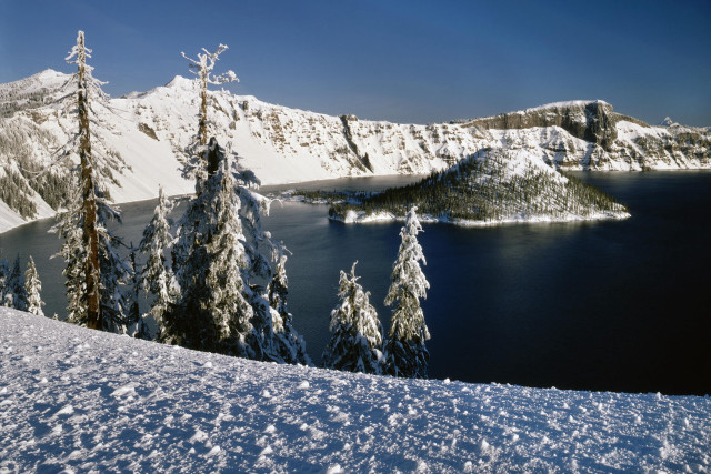 Snowy mountain lake trees blue #2 free wallpaper for desktop - medium preview image
