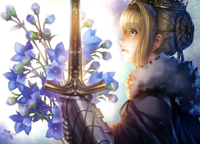 Woman sword flowers sky background free wallpaper for desktop - medium preview image
