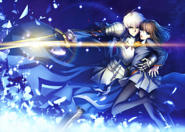 Anime couple fighting sword blue free wallpaper for desktop - medium preview image