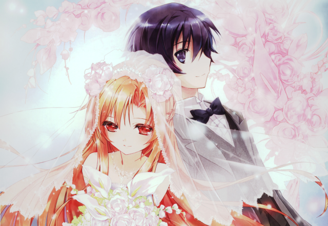 Anime couple pink background flowers free wallpaper for desktop - medium preview image