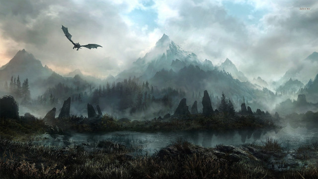 Dragon mountain lake forest castle free wallpaper for desktop - medium preview image