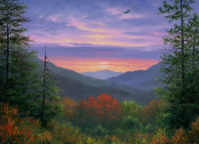 Sunset mountains bird flying trees free wallpaper for desktop - medium preview image