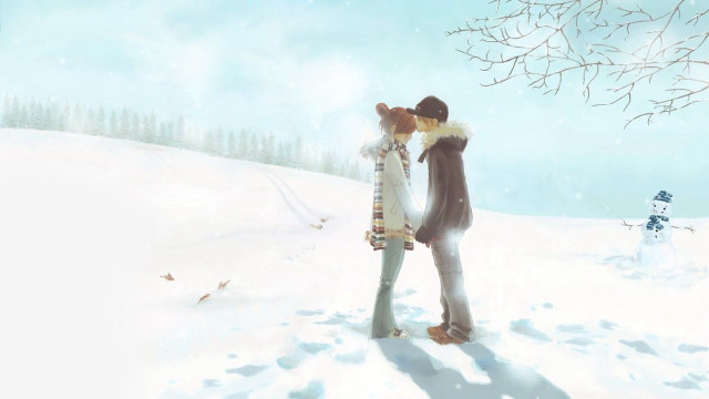 Couple kissing snow snowman tree free wallpaper for desktop - medium preview image