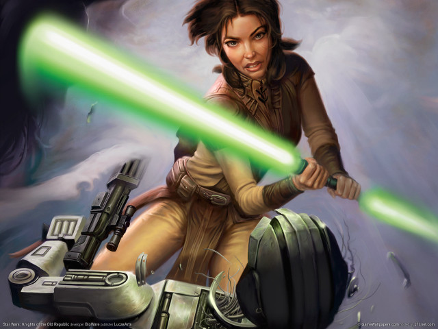 Woman holding green lightsaber gun free wallpaper for desktop - medium preview image