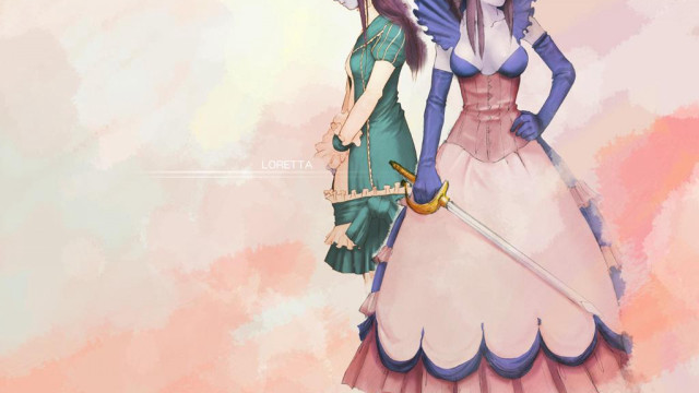 Anime characters swords pink background free wallpaper for desktop - medium preview image