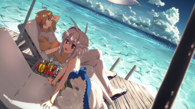 Anime characters sitting boat water free wallpaper for desktop - medium preview image