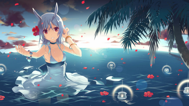 Anime girl rock ocean palm free wallpaper for desktop - medium preview image