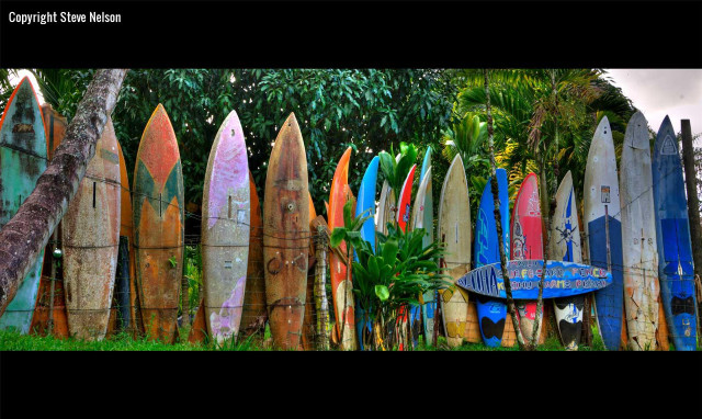 Surfboard fence folkart saturated city free wallpaper for desktop - medium preview image