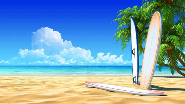 Surfboards sand palm tree ocean free wallpaper for desktop - medium preview image