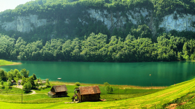 Green valley lake cabin mountain free wallpaper for desktop - medium preview image