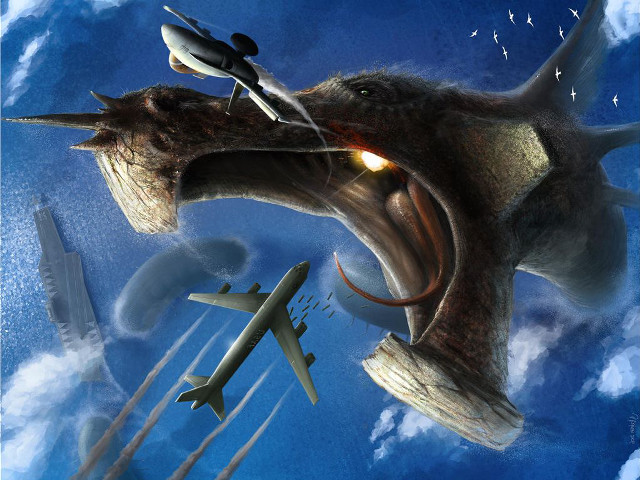 Dinosaur jet plane flying over free wallpaper for desktop - medium preview image