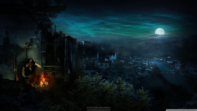 Woman fire moon city night free wallpaper for desktop - medium preview image