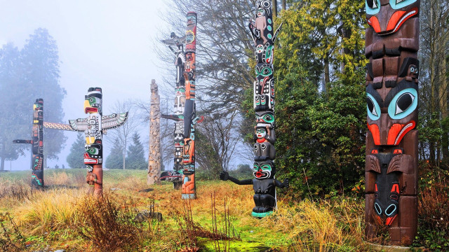 Totem poles field trees fog free wallpaper for desktop - medium preview image