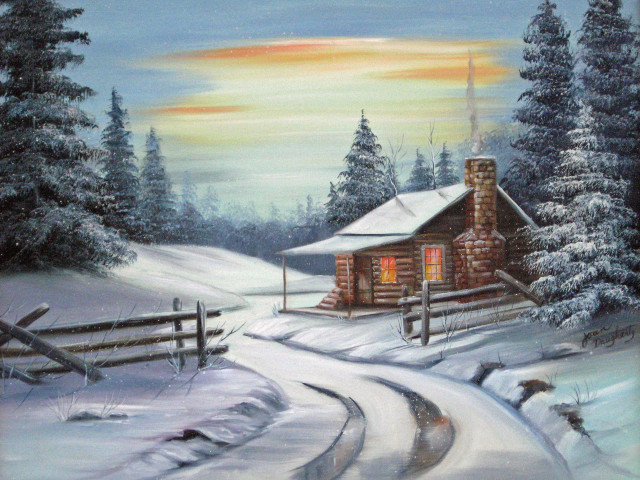 Cabin snow sunset road painting free wallpaper for desktop - medium preview image