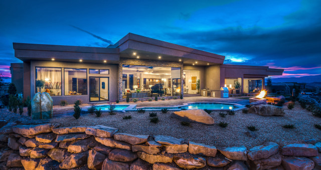 House pool fire pit night free wallpaper for desktop - medium preview image