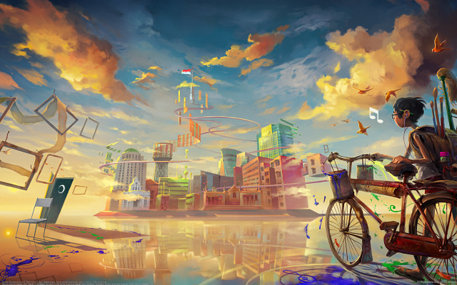 Man bike water city birds free wallpaper for desktop - medium preview image
