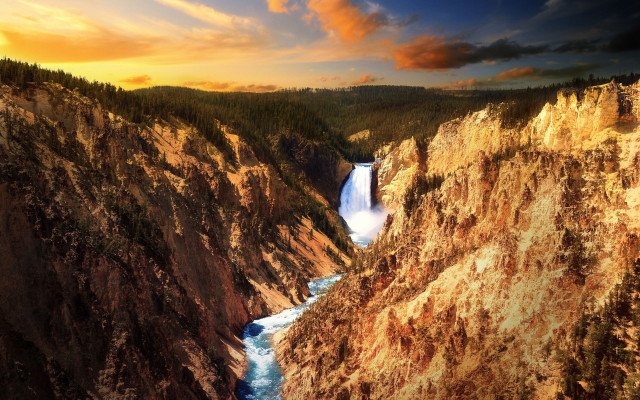 River canyon forest waterfall cloudy free wallpaper for desktop - medium preview image