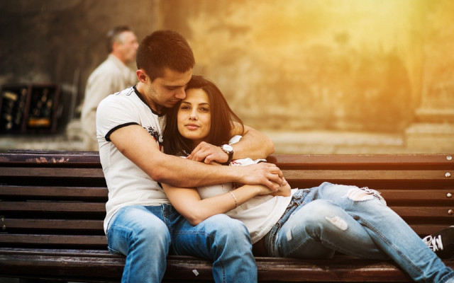 Romantic hugging couple with man free wallpaper for desktop - medium preview image
