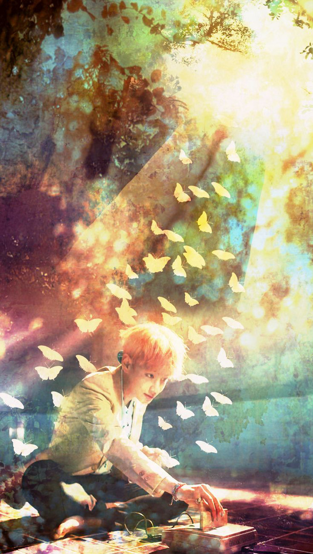 Boy kneeling tree butterflies laptop free wallpaper for mobile - medium preview image