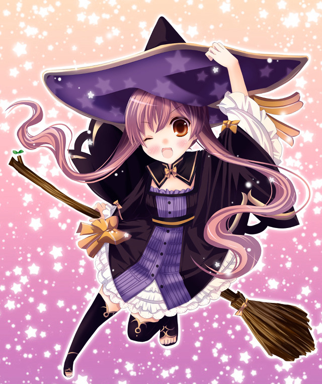 Girl witch costume flying broom free wallpaper for mobile - medium preview image
