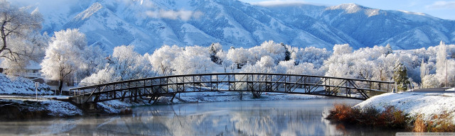 Bridge river snowy mountains trees free wallpaper for desktop - medium preview image