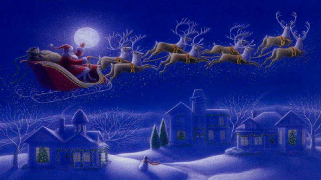 Santa sleigh reindeers night town free wallpaper for desktop - medium preview image