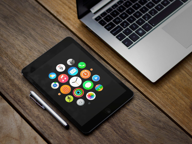 Tablet app icons laptop wooden free wallpaper for desktop - medium preview image