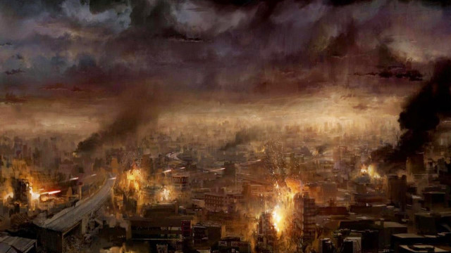 City smoke flames buildings painting free wallpaper for desktop - medium preview image