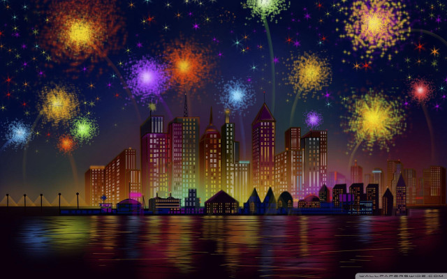 City skyline fireworks water reflection free wallpaper for desktop - medium preview image