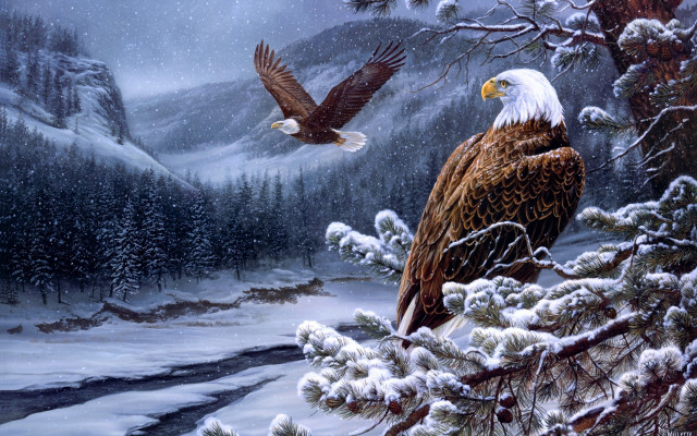 Bald eagles snowy landscape stream free wallpaper for desktop - medium preview image