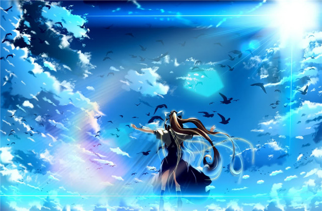 Woman standing clouds sword birds free wallpaper for desktop - medium preview image