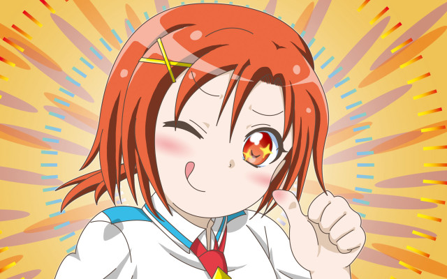 Red haired girl pointing yellow free wallpaper for desktop - medium preview image