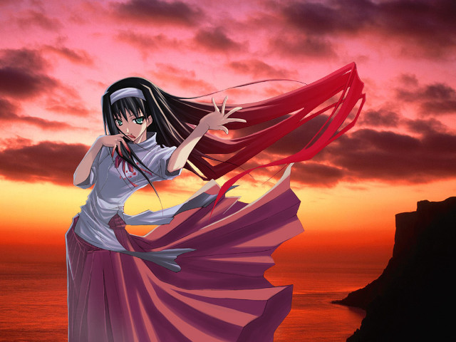 Woman long dress cliff sunset free wallpaper for desktop - medium preview image