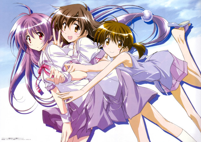Three girls purple dresses hugging free wallpaper for desktop - medium preview image