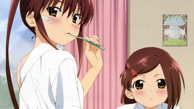 Girl brushing teeth watching pink free wallpaper for desktop - medium preview image