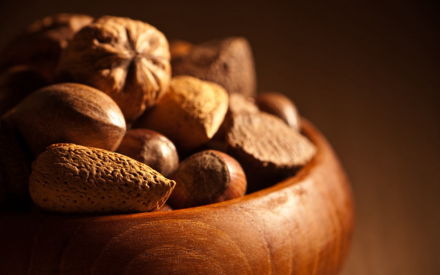 Wooden bowl filled with nuts free wallpaper for desktop - medium preview image