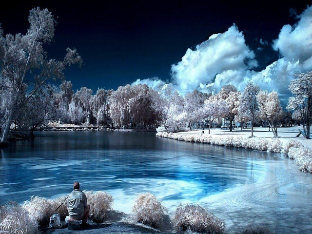 Man rock lake trees clouds free wallpaper for desktop - medium preview image