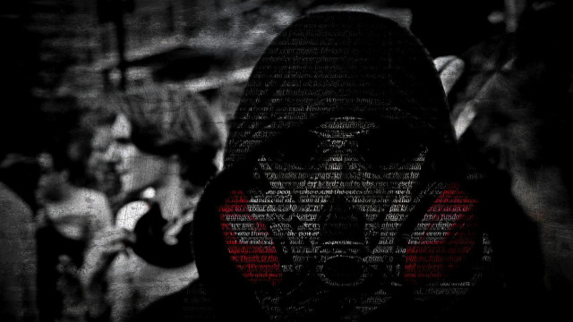Hooded face red black words free wallpaper for desktop - medium preview image