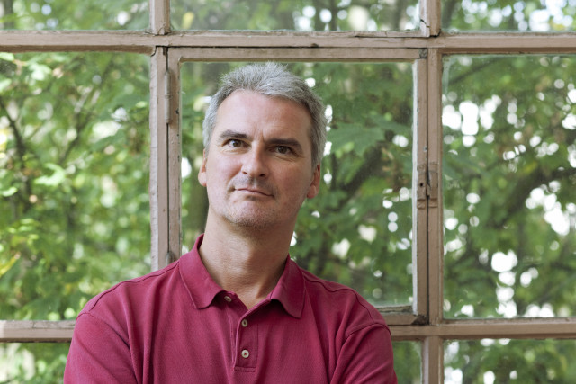 Man red shirt window trees free wallpaper for desktop - medium preview image