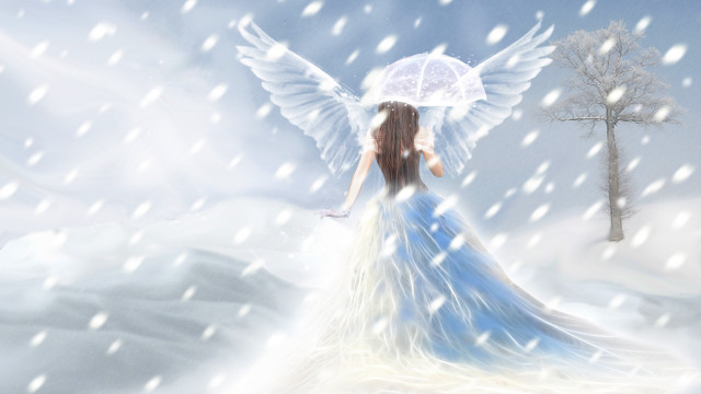 Woman blue dress umbrella snow #2 free wallpaper for desktop - medium preview image