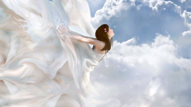 Woman white dress flying clouds free wallpaper for desktop - medium preview image